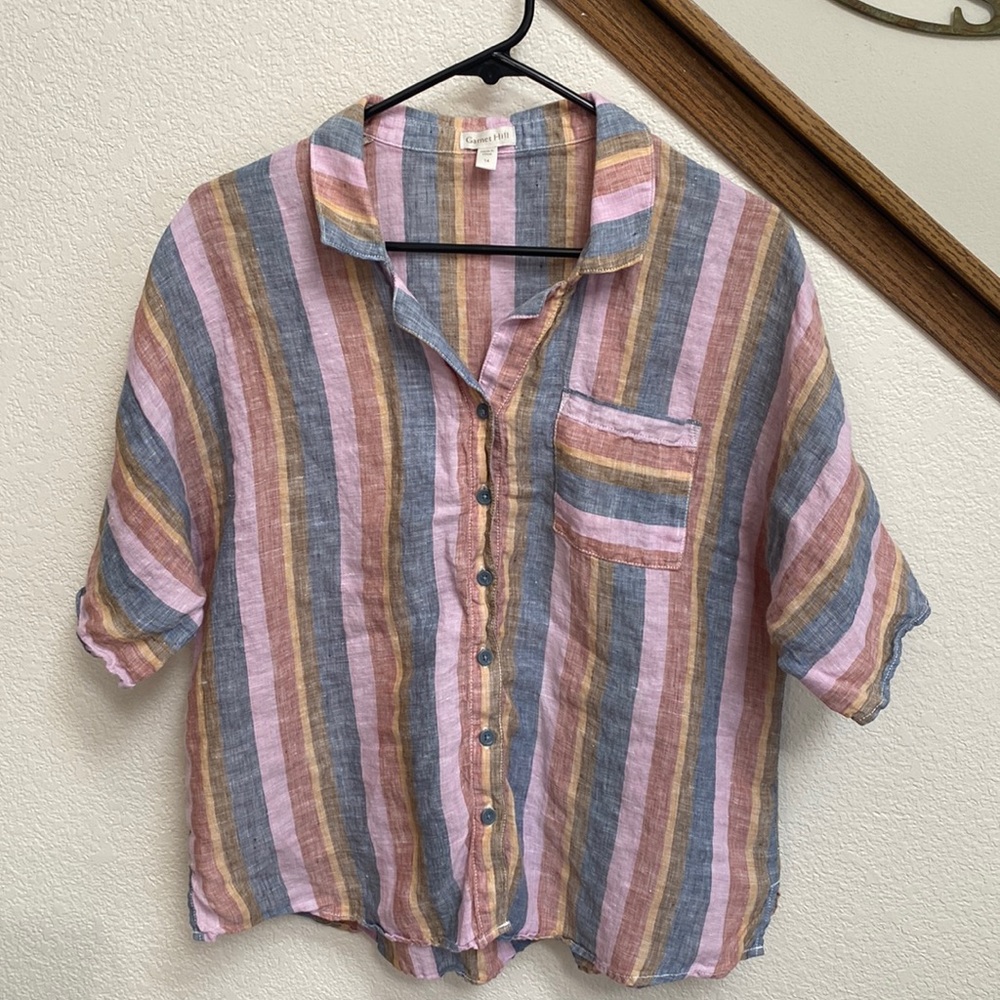 Garnet Hill,  tailored, pure linen button-front top, from flax grown in France.